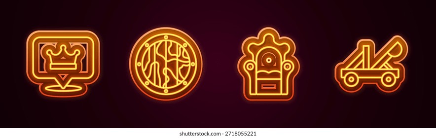 Set Linie Königskrone, Rundhölzerner Schild, Mittelalterlicher Thron und Katapult. Leuchtendes Neonsymbol. Vektorgrafik