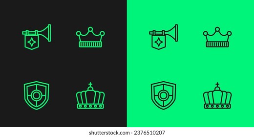 Set line King crown, Shield, Trumpet with flag and  icon. Vector