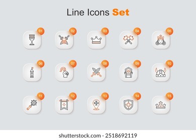 Set line King crown, Shield, Crusade, Medieval flag, Mace with spikes, Viking horned helmet, throne and Crossed medieval sword icon. Vector