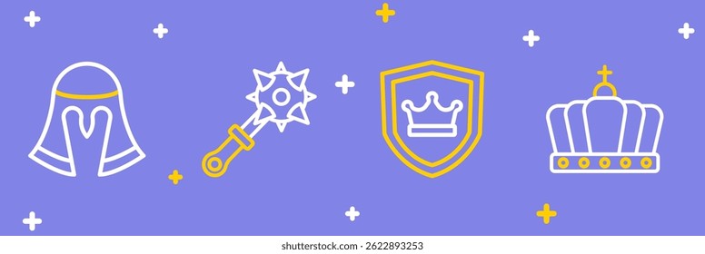 Corona King, Escudo con Mace, púas e icono de casco medieval. Vector