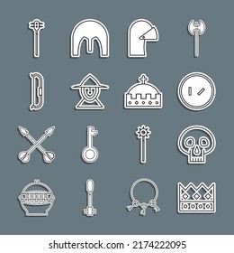 Set line King crown, Skull, Round wooden shield, Medieval iron helmet, bow, chained mace ball and  icon. Vector