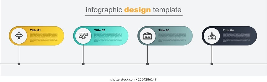 Set line King crown, Tin can with caviar, Cannon and Christian cross. Business infographic template. Vector