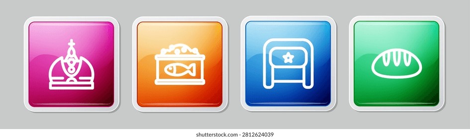 Set line King crown, Tin can with caviar, Ushanka and Bread loaf. Colorful square button. Vector