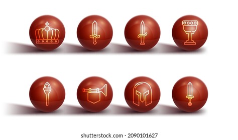 Fijar la línea Corona Rey, Llama de la antorcha, goblet medieval, casco de hierro, Trompeta con bandera, espada e ícono de Dagger. Vector