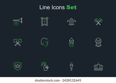 Set line King crown, Torch flame, Medieval helmet, Shield with, Castle tower,  and Crossed battle hammers icon. Vector
