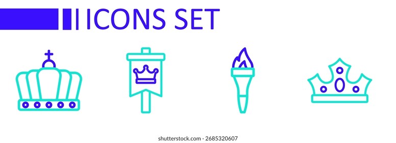 Set line King crown, Torch flame, Medieval flag and  icon. Vector