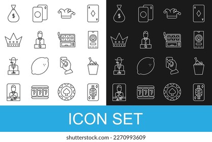 Set line King playing card with diamonds, Champagne an ice bucket, Casino poker tournament invitation, Joker, dealer, Money bag and Slot machine icon. Vector