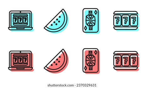 Set line King playing card with diamonds, Laptop and slot machine, Casino slot machine with watermelon and Slot machine with lucky sevens icon. Vector