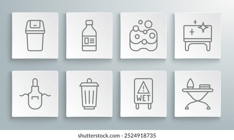 Set line Delantal de cocina, Botella para agente de limpieza, Papelera, Suelo mojado, Plancha y tabla de planchar, Esponja, Mesa limpia e icono. Vector