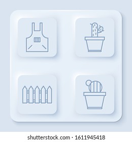 Set line Kitchen apron, Cactus and succulent in pot, Garden fence wooden and Cactus and succulent in pot. White square button. Vector