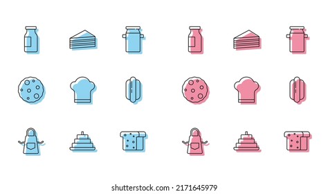 Set line Kitchen apron, Cake with burning candles, Bottle milk, Bread toast, Chef hat, Hotdog sandwich, Cookie or biscuit and  icon. Vector