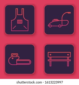Set line Kitchen apron, Chainsaw, Lawn mower and Bench. Blue square button. Vector