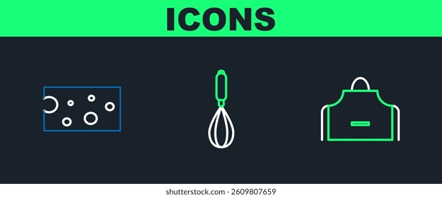 Set line Kitchen apron, Cheese and whisk icon. Vector