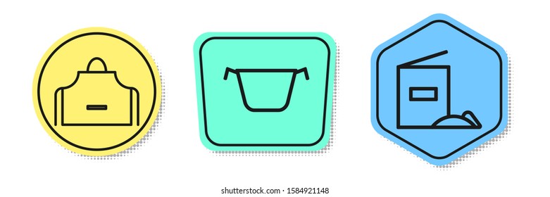 Set line Kitchen apron , Cooking pot  and Flour pack . Colored shapes. Vector