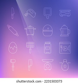 Set line Kitchen apron, Cooking live streaming, French press, Cutting board, pot, Rolling pin, Knife and timer icon. Vector