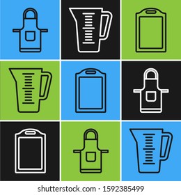 Set line Kitchen apron , Cutting board  and Measuring cup icon. Vector