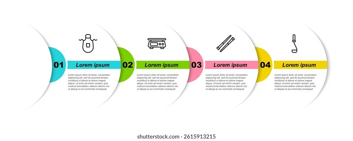 Set line Kitchen apron, Electronic scales, Food chopsticks and ladle. Business infographic template. Vector