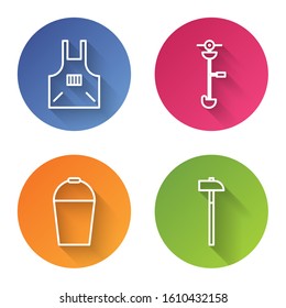 Set line Kitchen apron, Grass and weed electric string trimmer, Bucket and Hammer. Color circle button. Vector