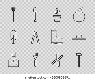 Set line Kitchen apron, Hammer, Plant in pot, Garden rake, pitchfork, Gardening handmade scissors,  and Worker hat icon. Vector