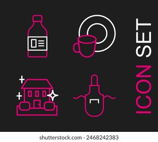 Set line Kitchen apron, Home cleaning service, Washing dishes and Bottle for agent icon. Vector