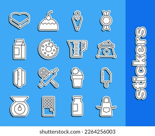 Set line Kitchen apron, Ice cream, Bag of flour, Pastry bag, Donut, Paper package for milk, Candy in heart shaped box and Measuring cup icon. Vector
