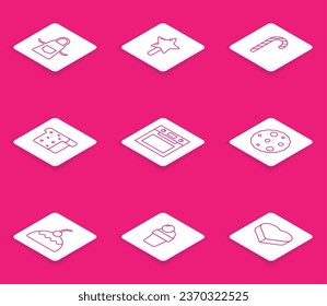 Set line Kitchen apron, Lollipop, Christmas candy cane, Bread toast, Oven, Cookie or biscuit, Cake and Ice cream icon. Vector