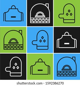 Set line Kitchen apron , Oven glove  and Brick stove  icon. Vector