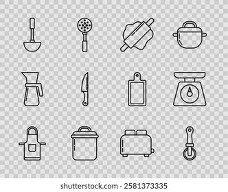 Set line Kitchen apron, Pizza knife, Rolling pin, Cooking pot, ladle, Knife, Toaster with toasts and Scales icon. Vector