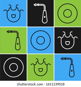 Set line Kitchen apron, Plate and Long electric lighter icon. Vector
