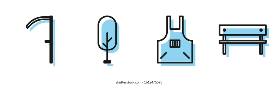 Set line Kitchen apron, Scythe, Tree and Bench icon. Vector