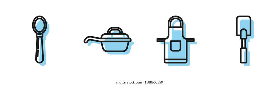 Set line Kitchen apron , Spoon , Frying pan  and Spatula  icon. Vector