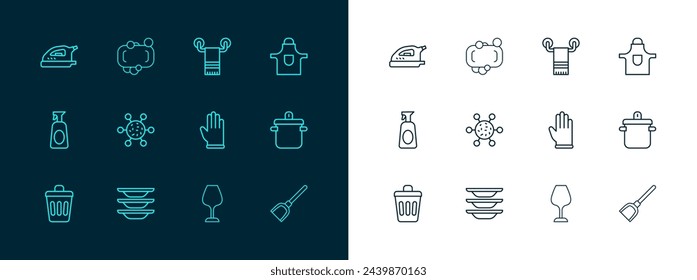 Set line Kitchen apron, Washing dishes, Rubber gloves, Wine glass, Bacteria, Towel hanger, Electric iron and Bar of soap icon. Vector