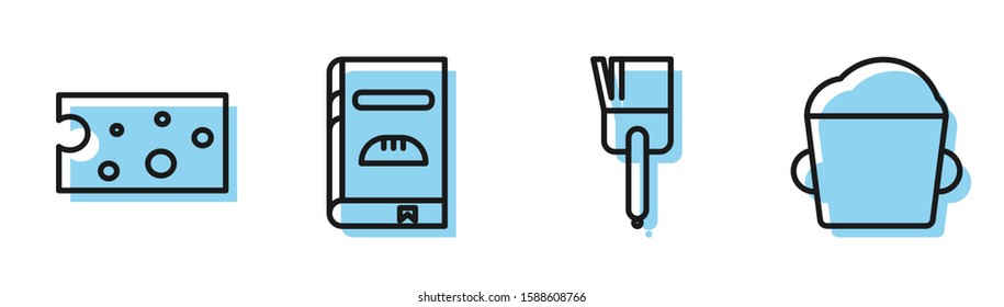 Set line Kitchen brush , Cheese , Cookbook  and Bakery bowl dough  icon. Vector