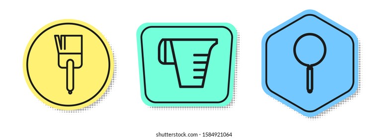 Set line Kitchen brush , Measuring cup and Frying pan . Colored shapes. Vector