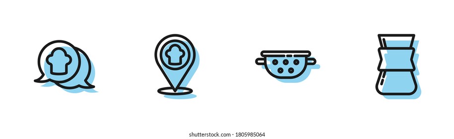 Set Küchenkolander, Kochmütze in Sprechblase, mit Lage und Kaffee-Turk-Symbol. Vektorgrafik