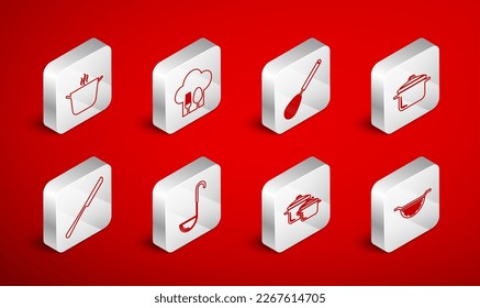 Set line Kitchen colander, Chef hat with fork spoon, whisk, Cooking pot, ladle and Knife icon. Vector