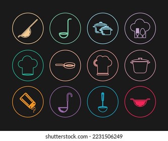 Colador de cocina de línea, olla de cocina, sartén de fritura, sombrero de chef e icono de la cuchara. Vector