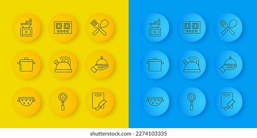 Set line Kitchen colander, Cooking pot, Kettle with handle, Cutting board knife, Covered tray, Manual coffee grinder, Crossed fork spoon and Gas stove icon. Vector
