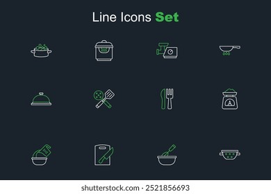 Set line Kitchen colander, Cooking whisk with bowl, Cutting board knife, Measuring cup, Scales, Crossed fork, Spatula and Covered tray of food icon. Vector