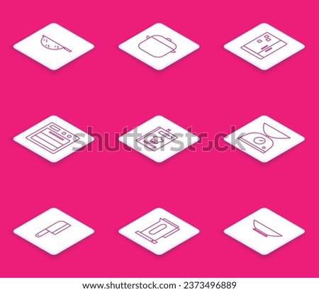 Set line Kitchen colander, Cooking pot, Refrigerator, Oven, Cookbook, Scales, Meat chopper and Kettle with handle icon. Vector