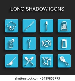 Set line Kitchen colander, Crossed fork, Chef hat with spoon, Washing dishes, whisk, Spoon, Salt pepper and Plate, knife icon. Vector