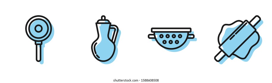 Set line Kitchen colander , Frying pan , Bottle of olive oil  and Rolling pin  icon. Vector