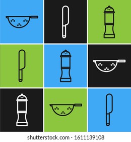 Set line Kitchen colander, Pepper and Knife icon. Vector