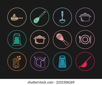 Set line Kitchen colander, Plate, fork knife, ladle, Cooking pot, Grater, Frying pan, whisk and  icon. Vector