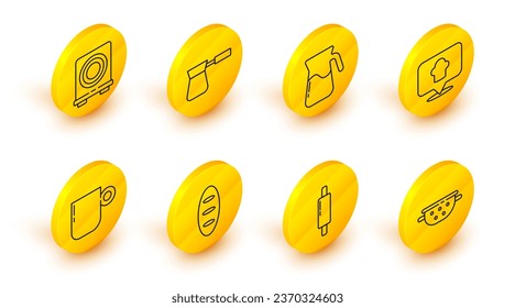 Colador de cocina, pasador de rodillos, pan de pan, taza de café, sombrero de chef con ubicación, agua de cristal de jug, ícono de turca y estufa eléctrica. Vector
