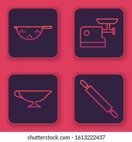 Set line Kitchen colander, Sauce boat, Kitchen meat grinder and Rolling pin. Blue square button. Vector