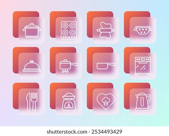 Set line Kitchen colander, Scales, Frying pan, Chef hat, Cooking pot on fire, Rolling pin dough,  and Gas stove icon. Vector