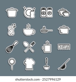 Set line Kitchen colander, Sponge with bubbles, Cooking pot, Salt pepper, Coffee cup,  and Frying pan icon. Vector