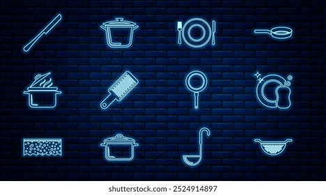 Set line Kitchen colander, Washing dishes, Plate, fork knife, Grater, Cooking pot, Knife, Frying pan and  icon. Vector