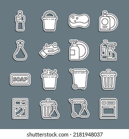 Set line Kitchen dishwasher machine, Trash can, Bottles for cleaning agent, Sponge, Washing hands with soap, Garbage bag, Dishwashing liquid bottle and plate icon. Vector